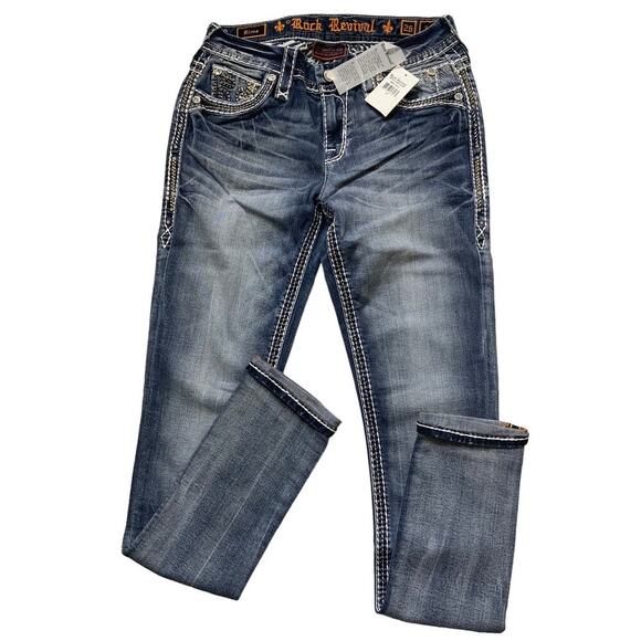 Rock Revival Rima Jeans Womens 26 Embellished Easy Skinny Leg Med Blue Denim NWT - Picture 3 of 16
